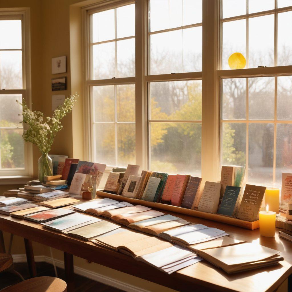 A serene scene depicting a diverse group of people, from different backgrounds, gathered together in a supportive community space, sharing stories and resources about cancer recovery. In the foreground, a table filled with books, pamphlets, and art supplies symbolizes knowledge and healing. Soft sunlight filters through large windows, creating a warm, inviting atmosphere. The background features uplifting quotes on the wall about hope and resilience. super-realistic. vibrant colors. soothing tones.