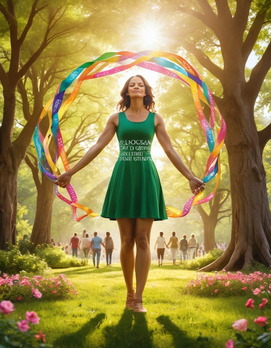 A strong and hopeful cancer survivor standing tall in a lush green park, surrounded by diverse support circles, each holding hands symbolizing unity. Sunlight filters through trees above, casting a warm glow, while colorful ribbons of awareness float in the air. In the background, inspirational quotes about strength and support are subtly integrated into the landscape. super-realistic. vibrant colors. outdoor setting.